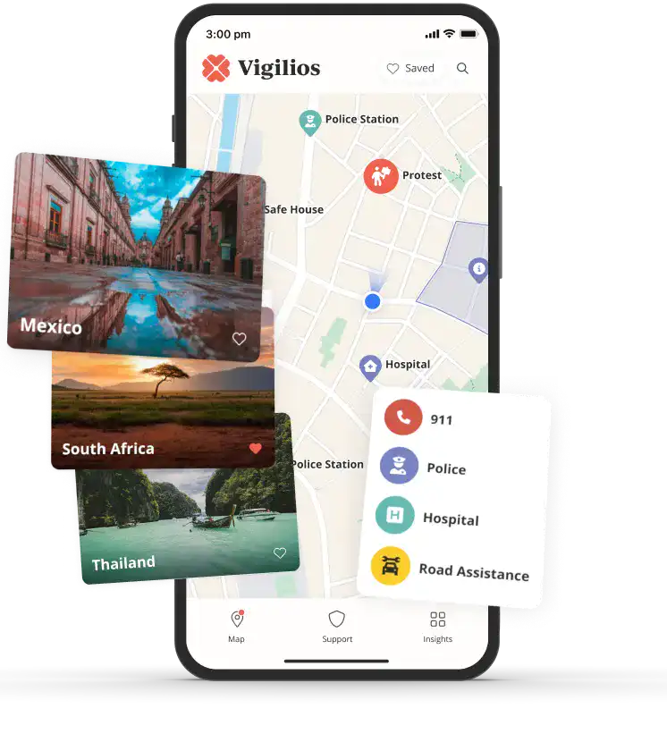 A phone displaying the Vigilios app and it's safety features.