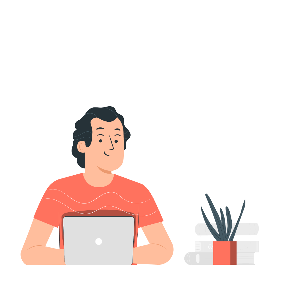 An illustration showing a smiling man on his laptop, who is happy to answer your questions.
