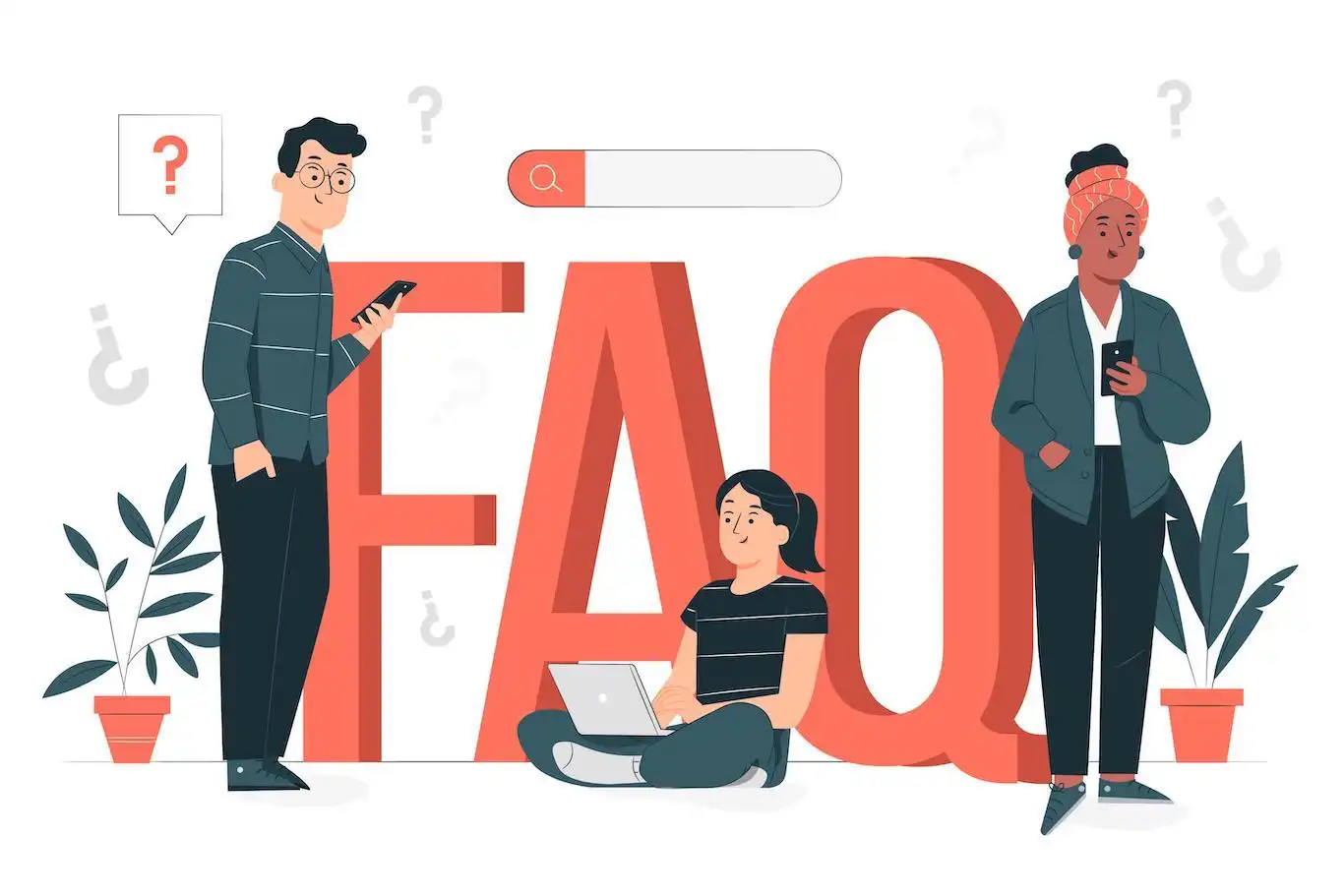 A colorful illustration with three people and the letters "FAQ" representing a Frequently Asked Questions section
